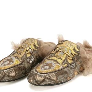 Gucci Princetown Fur-Lined Mule Loafers in Metallic Brocade